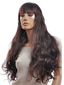 Perruque longue châtaigne ébouriffée de boucles frisées et frange droite