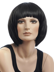 Délicate perruque courte noire ébouriffée en fibre de coupe Bob et droite