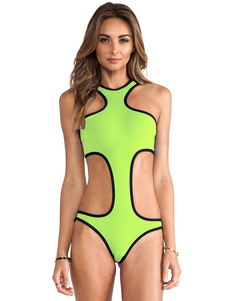 Charmant bikini une pièce sexy en lycra spandex vert bicolore creusé moulant