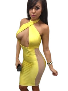 Robe de club creusée en polyester jaune à dos décolleté à licou