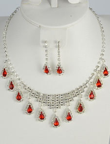 Rouge métal strass collier et boucles d'oreilles, bijoux de mariage