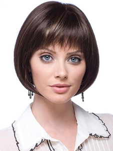 Perruque femme courte droite en fibrede coupe Bob et frange droite