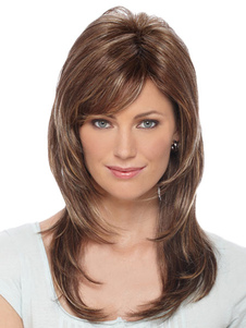 Unique perruque femme longue châtaigne de raie de côté et frange oblique