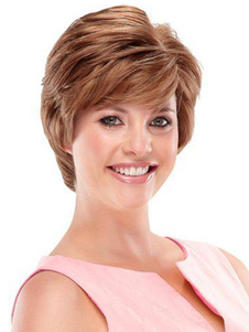 Perruque femme courte marronne ébouriffée avec frange oblique et raie de côté