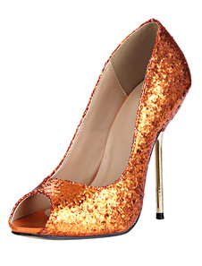 Chaussures à bout ouvert à talons aigus en tissu de paillettes orange