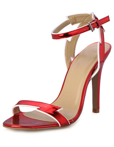 Attrayantes sandales rouges à peep-toe en PU vernie creusé avec passepoil