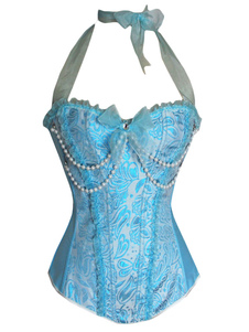 Corset féminin en satin mat jacquard avec noeud et perles