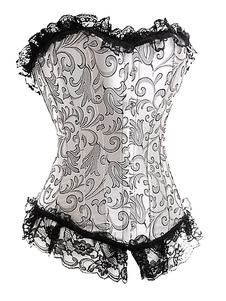 Corset argent en satin mat à motifs cachemire avec dentelle