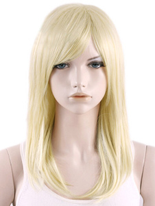 Perruque longue droite dorée claire ébouriffée avec frange oblique