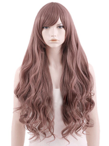 Perruque longue frisée de couleur taupe ébouriffée avec frange oblique