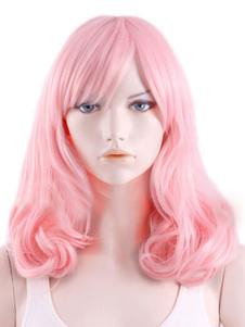 Perruque chic longue frisée rose ébouriffée en fibre avec boucles en bas