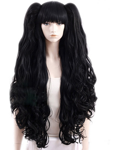 Perruque longue noire ébouriffée frisée avec frange droite