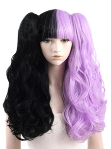 Perruque longue frisée bicolore noire et lilass ébourifféeavec frange droite