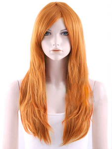 Perruque douce longue orange ébouriffée en fibre droite avec raie de côté