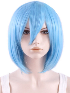 Délicate perruque courte bleu d'eaue ébouriffée en fibre droite