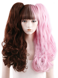 Unique perruque longue frisée bicolore marronne et rose avec frange droite