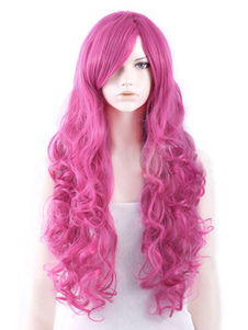Perruque chic longue frisée rose ébouriffée en fibre avec boucles en spirale