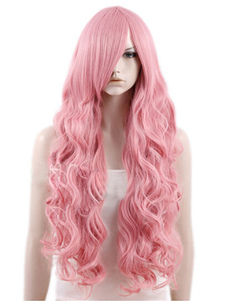 Perruque frisée longue rose bonbone avec raie de côté