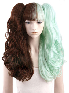 Perruque chic longue frisée bicolore marronne et verte avec frange droite