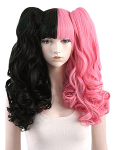 Fabuleuse perruque longue frisée bicolore noire et rose avec frange droite