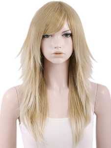 Unique perruque longue doré claire droite ébouriffée en fibre de raie de côté
