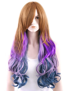 Fabuleuse perruque longue frisée multicolore dégradée ébouriffée en fibre