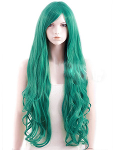 Perruque de qualité longue frisée verte ébouriffée en fibre avec raie de côté