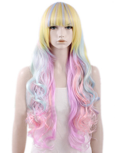 Perruque chic longue multicolore frisée en fibre avec boucles volumineuses