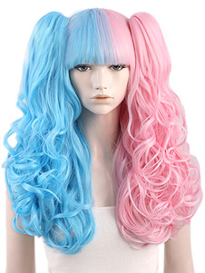 Perruque longue frisée bicolore bleue et rose ébouriffée avec frange droite