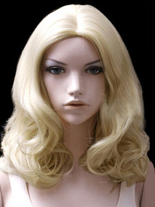 Perruque moyenne frisée dorée claire ébouriffée en fibre avec raie au milieu