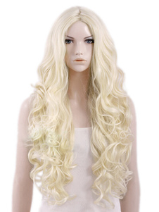 Perruque longue frisée dorée claire ébouriffée avec boucles volumineuses