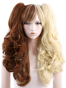 Perruque parfaite longue bicolore frisée ébouriffée en fibre avec frange oblique