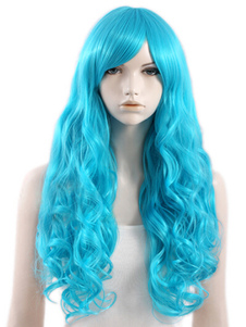 Perruque parfaite frisée longue bleue ébouriffée en fibre avec boucles frisées