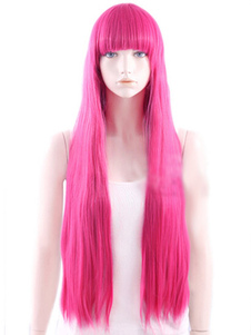 Perruque longue droite rose foncée ébouriffée en fibre avec frange