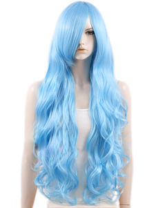 Perruque longue bleue ciel claire en fibre frisée avec raie de côté