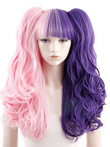 Perruque parfaite longue frisée bicolore violette et rose avec frange droite