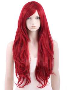 Perruque longue frisée cramoisie en fibre avec raie de côté