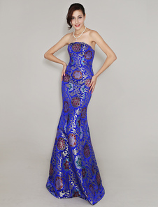 Robe de soirée sirène en satin bleu royal imprimé fleuri d'encolure en coeur