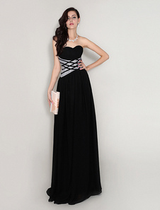 Robe de soirée A-ligne en chiffon noir avec paillettes longueur plancher