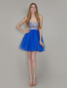 Mini robe de rentrée en organza bleu royal d'encolure en coeur avec strass