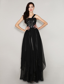 Robe de soirée plissée en chiffon noir avec strass d'encolure en coeur