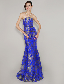 Robe de soirée maxi en satin bleu royal imprimé fleuri d'encolure en coeur