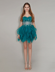 Robe de rentrée en organza vert de mer d'encolure en coeur avec strass