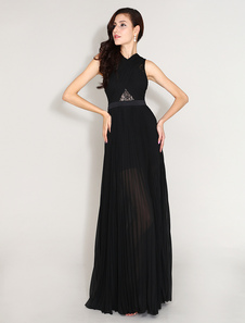 Robe de soirée en chiffon noir avec dentelle de col V longueur plancher
