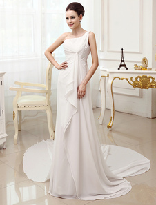 Robe de mariée à traîne A-ligne en chiffon ivoire plissé à une épaule