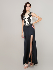 Robe de soirée en satin de soie stretch noir avec dentelle col bateau