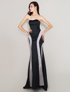 Robe de soirée bustier sirène en satin stretch noir bicolore plissé à traîne