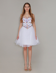 Robe de rentrée bustier en dentelle blanche avec strass longueur genou