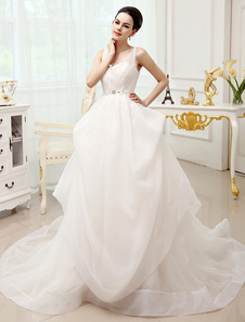 Robe de mariée boule en organza ivoire avec strass de col V traîne chapelle