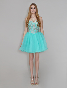 Mini robe de rentrée en organza vert menthe d'encolure en coeur avec strass